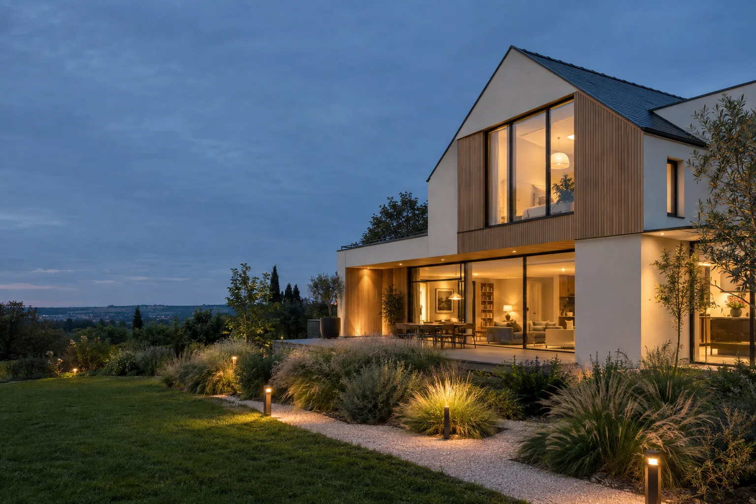 Maison contemporaine mise en lumière à la tombée du jour